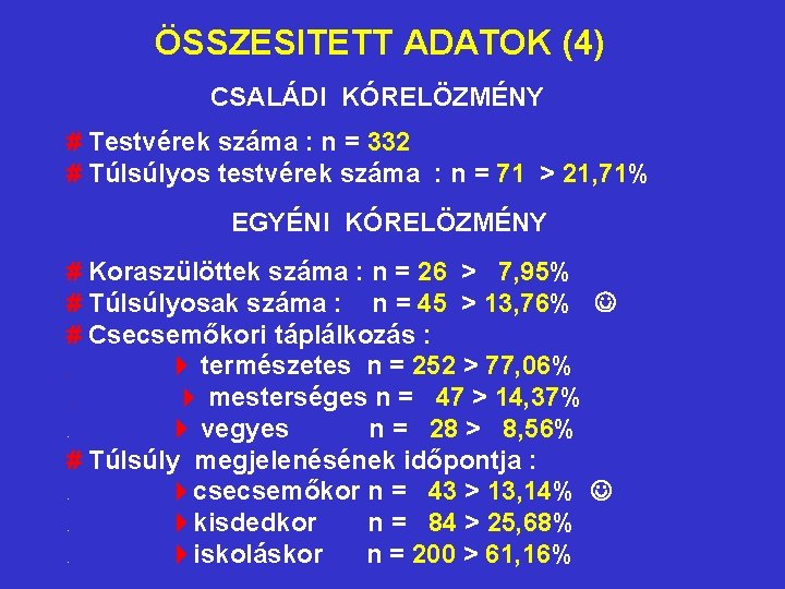 ÖSSZESITETT ADATOK (4) CSALÁDI KÓRELÖZMÉNY # Testvérek száma : n = 332 # Túlsúlyos