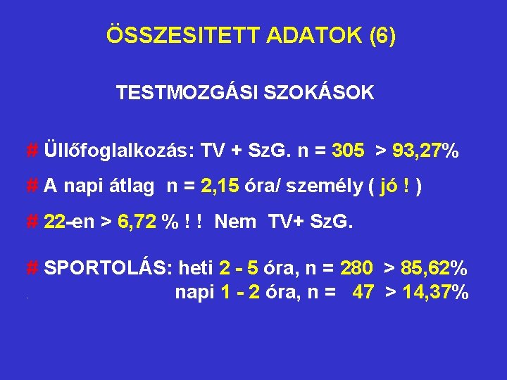 ÖSSZESITETT ADATOK (6) TESTMOZGÁSI SZOKÁSOK # Üllőfoglalkozás: TV + Sz. G. n = 305 ÖSSZESITETT ADATOK (6) TESTMOZGÁSI SZOKÁSOK # Üllőfoglalkozás: TV + Sz. G. n = 305