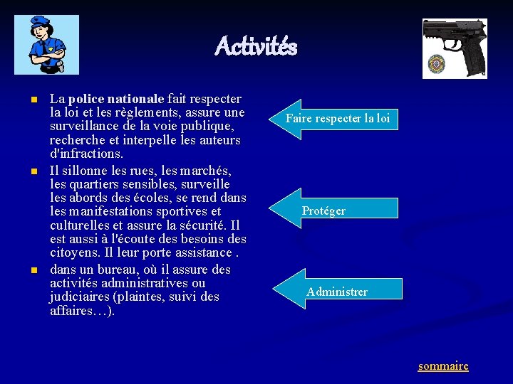 Activités n n n La police nationale fait respecter la loi et les règlements,