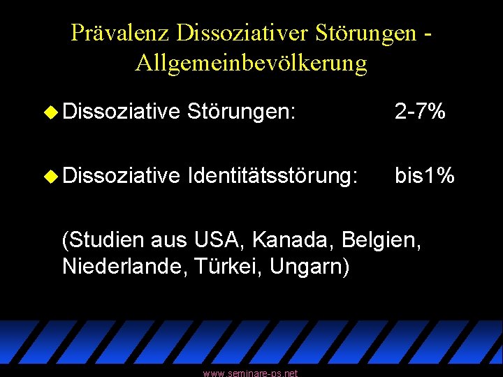 Prävalenz Dissoziativer Störungen Allgemeinbevölkerung u Dissoziative Störungen: 2 -7% u Dissoziative Identitätsstörung: bis 1%