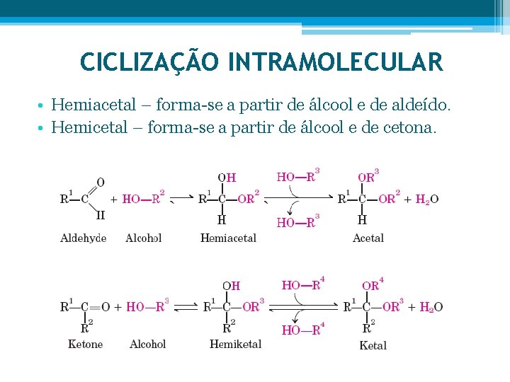 CICLIZAÇÃO INTRAMOLECULAR • Hemiacetal – forma-se a partir de álcool e de aldeído. •