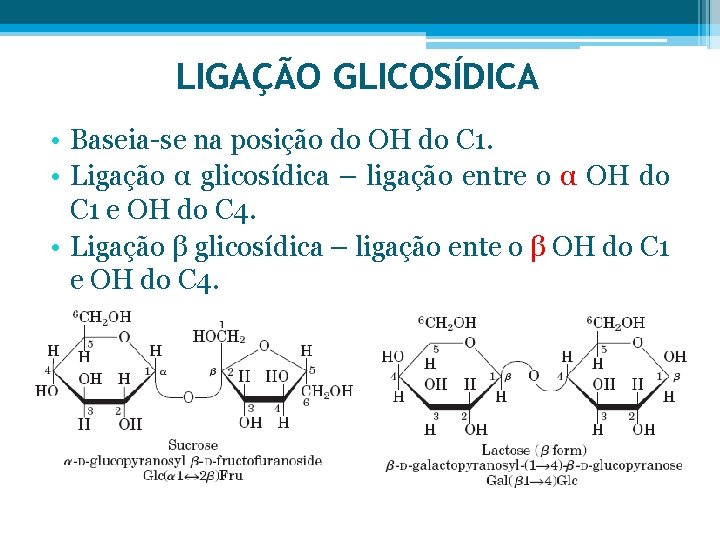 LIGAÇÃO GLICOSÍDICA • Baseia-se na posição do OH do C 1. • Ligação α