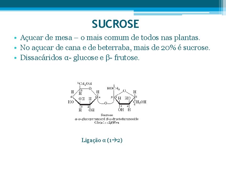 SUCROSE • Açucar de mesa – o mais comum de todos nas plantas. •