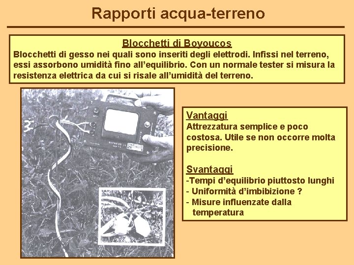 Rapporti acqua-terreno Blocchetti di Boyoucos Blocchetti di gesso nei quali sono inseriti degli elettrodi.