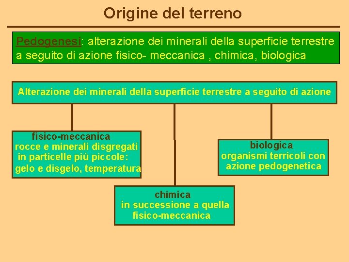 Origine del terreno Pedogenesi: alterazione dei minerali della superficie terrestre a seguito di azione