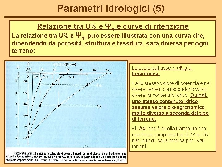 Parametri idrologici (5) Relazione tra U% e Ψm e curve di ritenzione La relazione