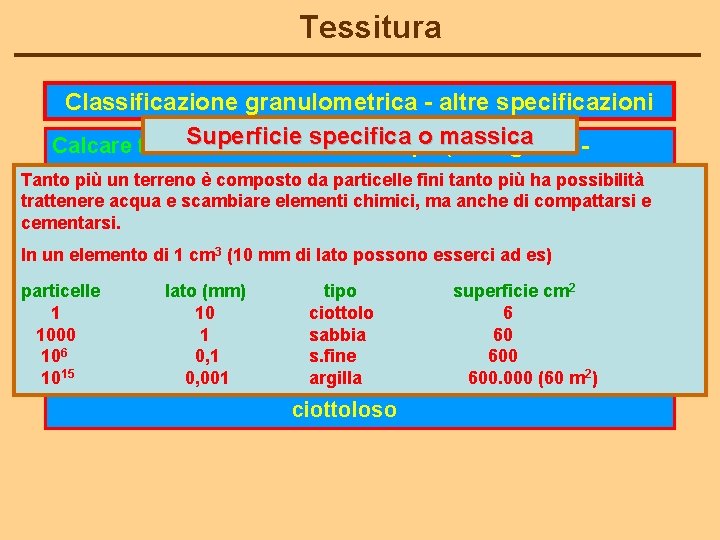 Tessitura Classificazione granulometrica - altre specificazioni specifica o massica Calcare tra 10 Superficie e