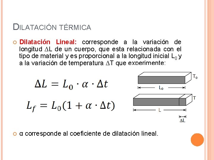 DILATACIÓN TÉRMICA Dilatación Lineal: corresponde a la variación de longitud ∆L de un cuerpo,