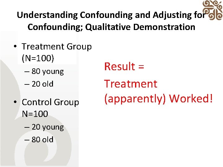 Understanding Confounding and Adjusting for Confounding; Qualitative Demonstration • Treatment Group (N=100) – 80