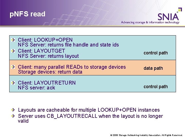 p. NFS read Client: LOOKUP+OPEN NFS Server: returns file handle and state ids Client: