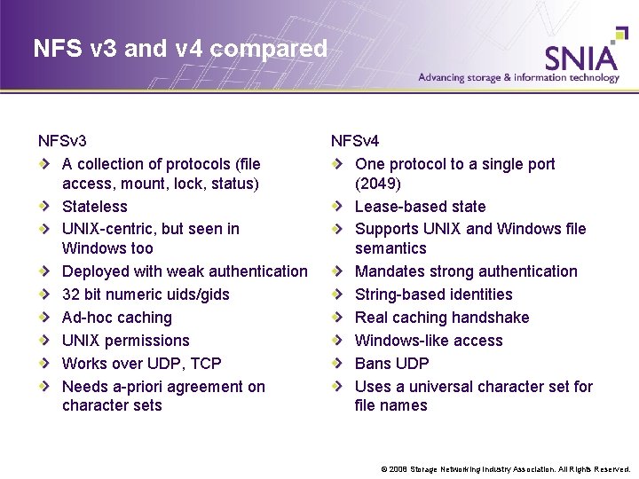 NFS v 3 and v 4 compared NFSv 3 A collection of protocols (file