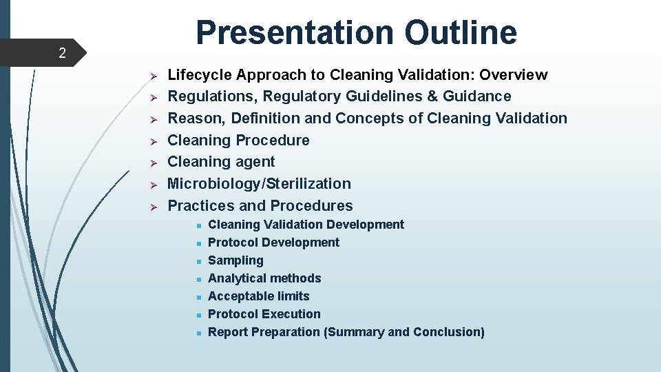 Presentation Outline 2 Ø Ø Ø Ø Lifecycle Approach to Cleaning Validation: Overview Regulations,