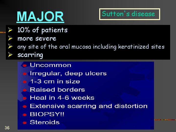 MAJOR Ø Ø 36 10% of patients more severe Sutton's disease any site of