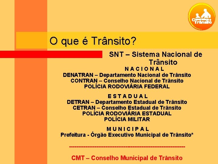 O que é Trânsito? SNT – Sistema Nacional de Trânsito NACIONAL DENATRAN – Departamento