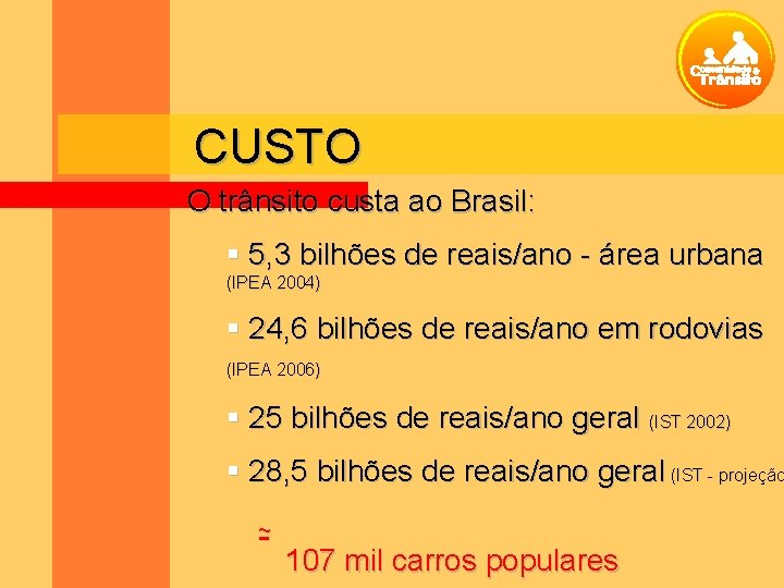 CUSTO O trânsito custa ao Brasil: 5, 3 bilhões de reais/ano - área urbana