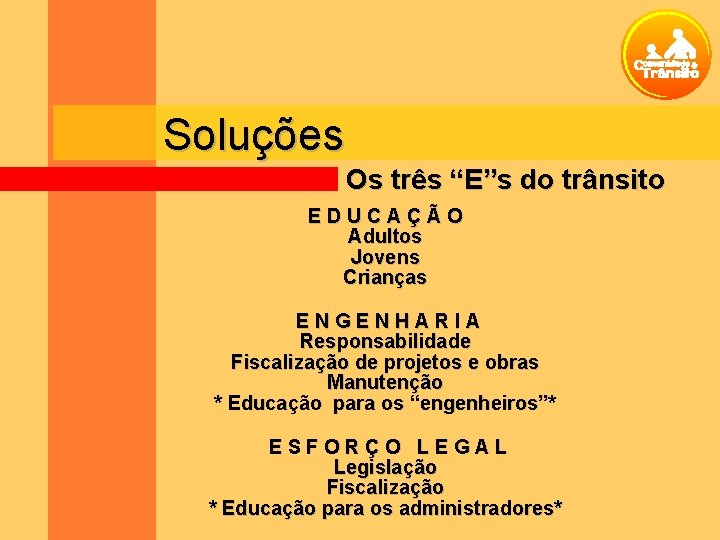 Soluções Os três “E”s do trânsito EDUCAÇÃO Adultos Jovens Crianças ENGENHARIA Responsabilidade Fiscalização de