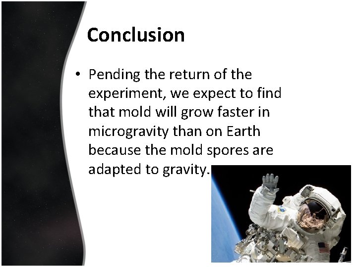 Conclusion • Pending the return of the experiment, we expect to find that mold