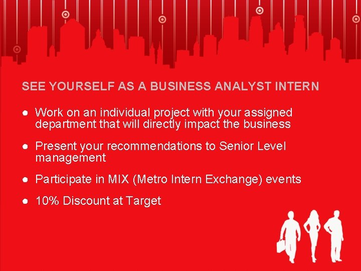 SEE YOURSELF AS A BUSINESS ANALYST INTERN ● Work on an individual project with