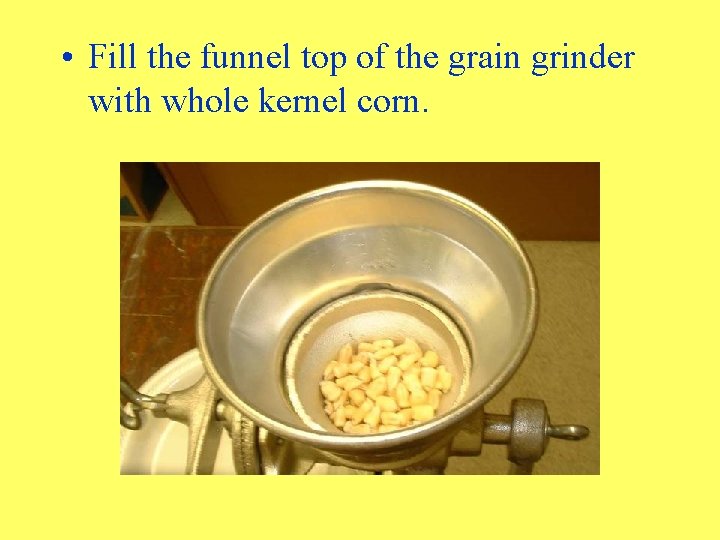  • Fill the funnel top of the grain grinder with whole kernel corn.