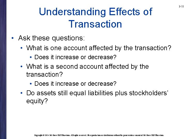 Understanding Effects of Transaction • Ask these questions: • What is one account affected Understanding Effects of Transaction • Ask these questions: • What is one account affected