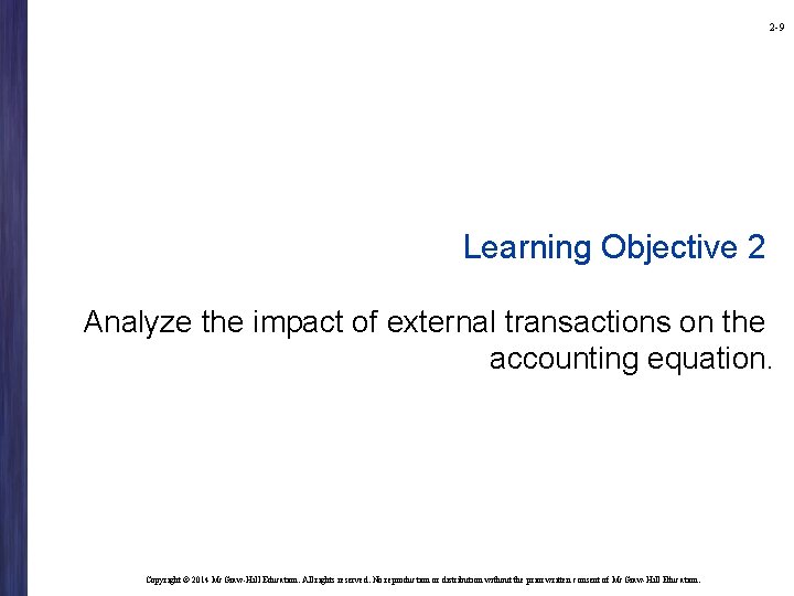 2 -9 Learning Objective 2 Analyze the impact of external transactions on the accounting