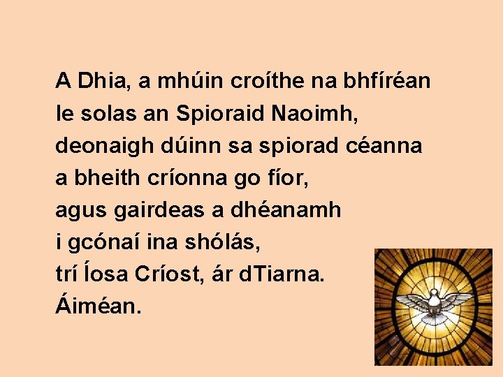 A Dhia, a mhúin croíthe na bhfíréan le solas an Spioraid Naoimh, deonaigh dúinn