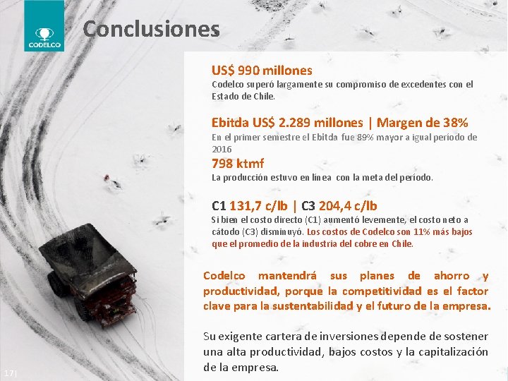 Conclusiones US$ 990 millones Codelco superó largamente su compromiso de excedentes con el Estado