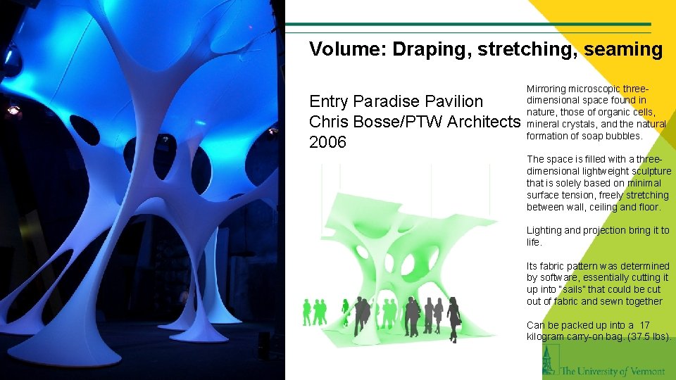 Volume: Draping, stretching, seaming Entry Paradise Pavilion Chris Bosse/PTW Architects 2006 Mirroring microscopic threedimensional