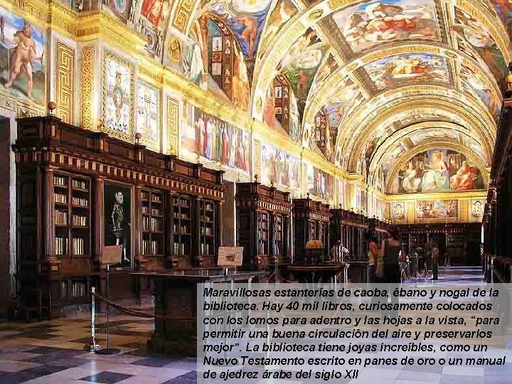 Maravillosas estanterías de caoba, ébano y nogal de la biblioteca. Hay 40 mil libros,