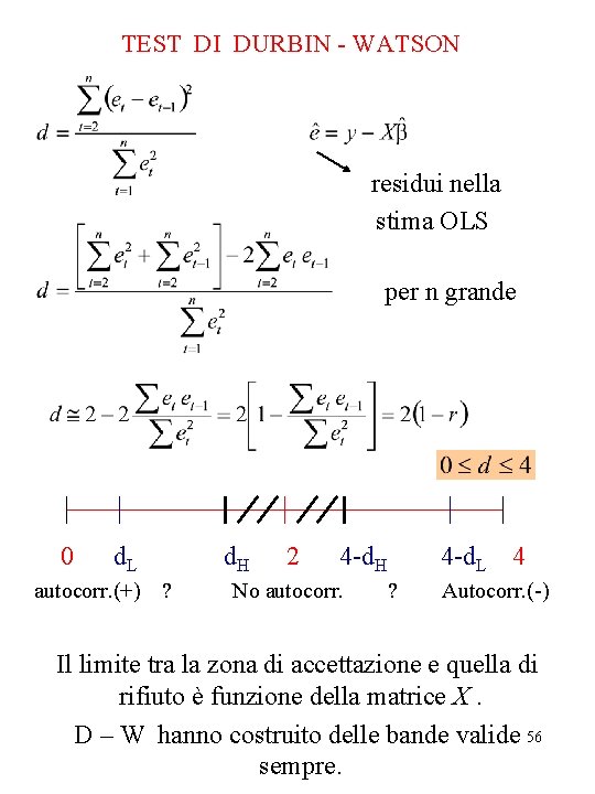 TEST DI DURBIN - WATSON residui nella stima OLS per n grande 0 d.