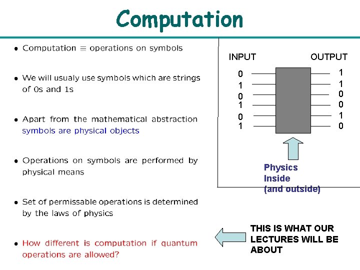 Computation INPUT OUTPUT 1 1 0 0 1 0 1 Physics Inside (and outside)