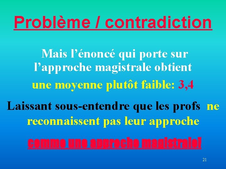 Problème / contradiction Mais l’énoncé qui porte sur l’approche magistrale obtient une moyenne plutôt