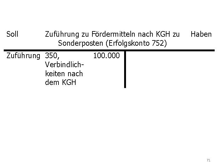 Soll Zuführung zu Fördermitteln nach KGH zu Sonderposten (Erfolgskonto 752) Zuführung 350, Verbindlichkeiten nach