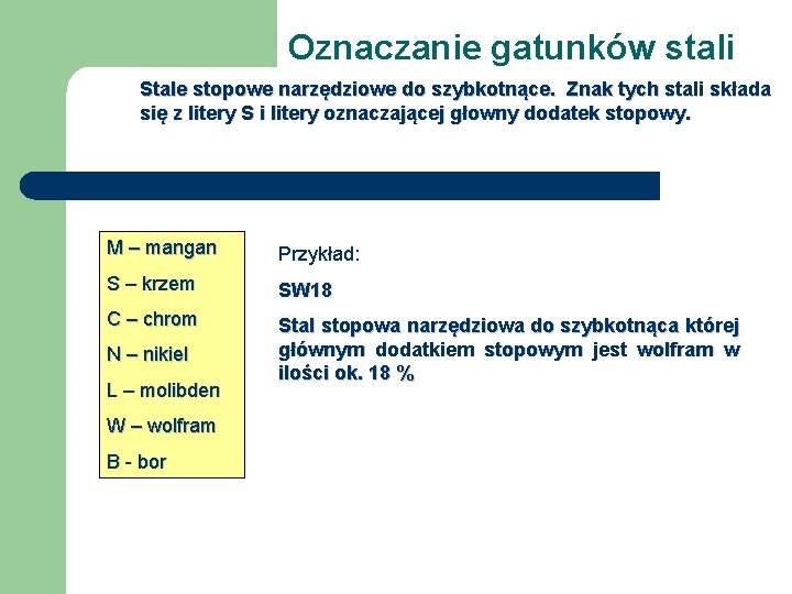 Oznaczanie gatunków stali Stale stopowe narzędziowe do szybkotnące. Znak tych stali składa się z