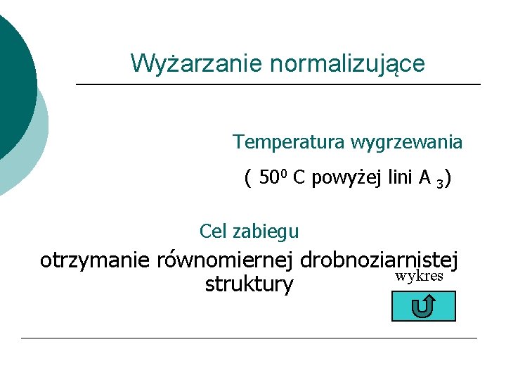 Wyżarzanie normalizujące Temperatura wygrzewania ( 500 C powyżej lini A 3) Cel zabiegu otrzymanie