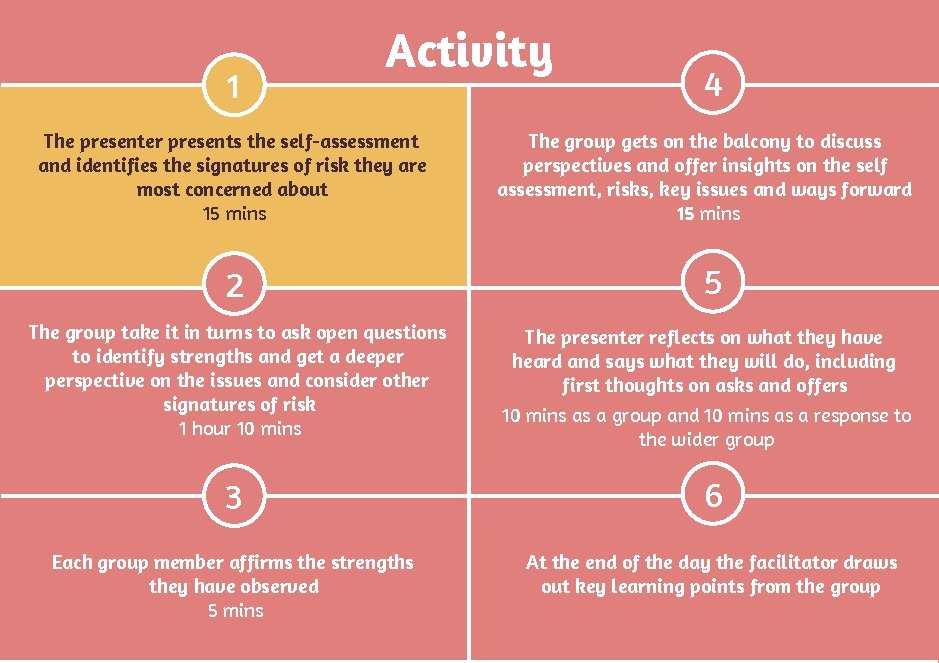 1 Activity The presenter presents the self-assessment and identifies the signatures of risk they