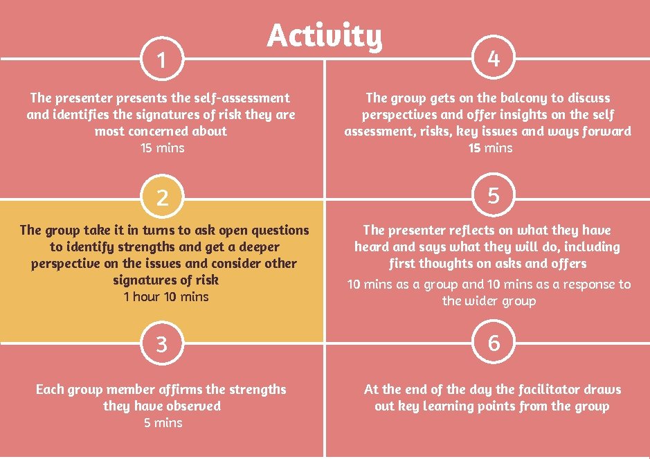 1 Activity The presenter presents the self-assessment and identifies the signatures of risk they