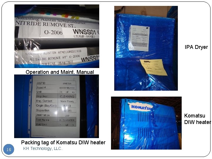 IPA Dryer Operation and Maint. Manual Komatsu DIW heater Packing tag of Komatsu DIW