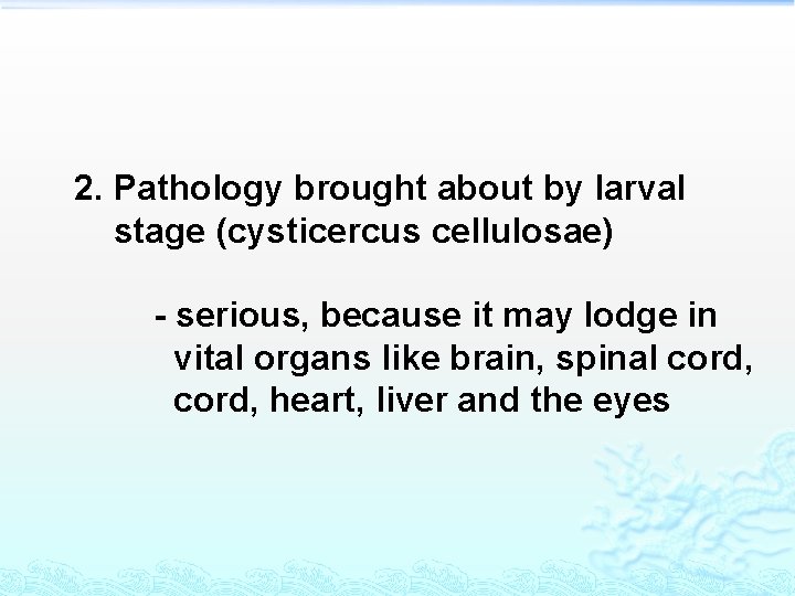 2. Pathology brought about by larval stage (cysticercus cellulosae) - serious, because it may