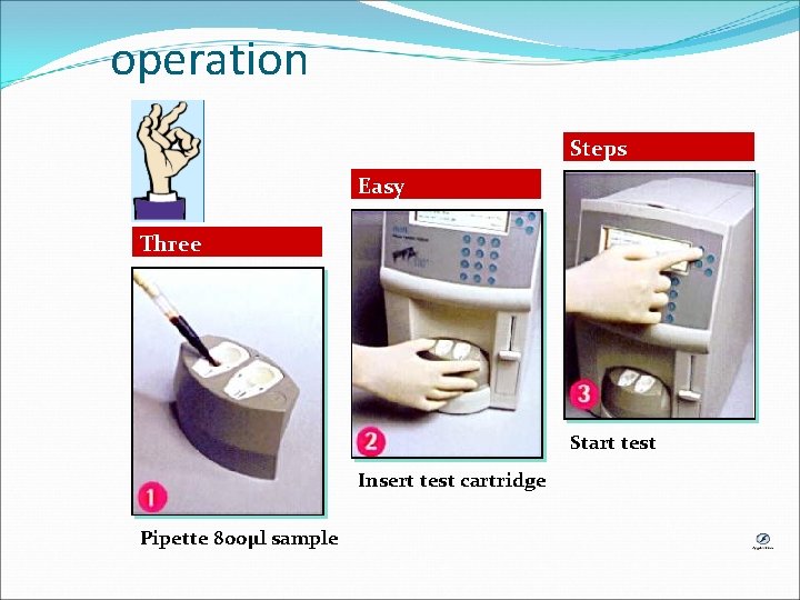 operation Steps Easy Three Start test Insert test cartridge Pipette 800µl sample 