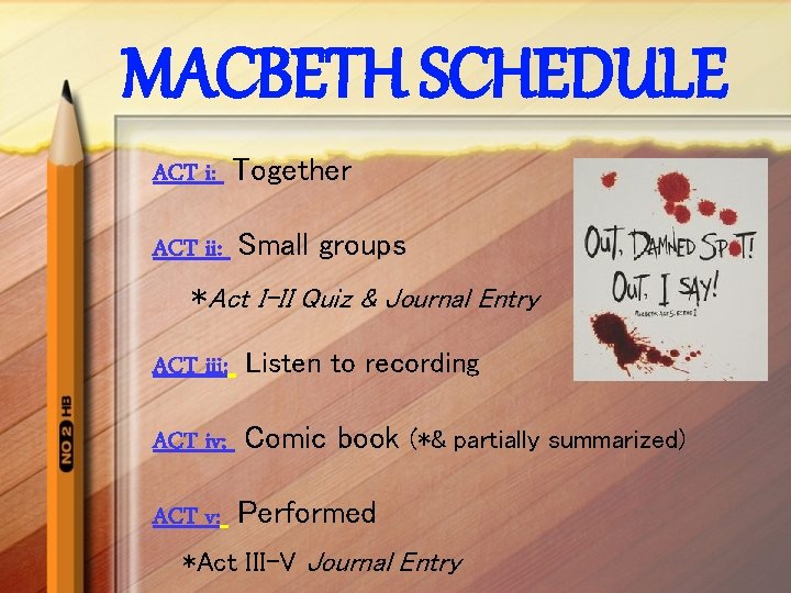 MACBETH SCHEDULE ACT i: Together ACT ii: Small groups *Act I-II Quiz & Journal