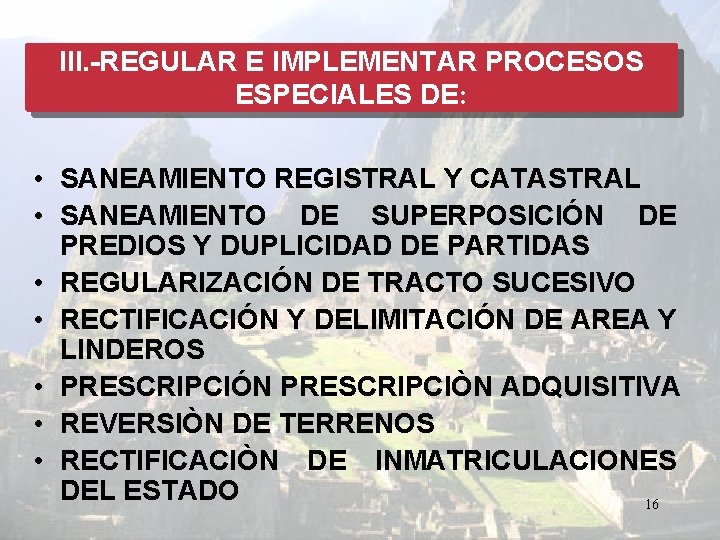 III. -REGULAR E IMPLEMENTAR PROCESOS ESPECIALES DE: • SANEAMIENTO REGISTRAL Y CATASTRAL • SANEAMIENTO