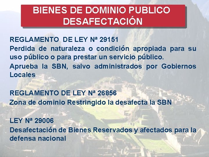 BIENES DE DOMINIO PUBLICO DESAFECTACIÓN REGLAMENTO DE LEY Nª 29151 Perdida de naturaleza o