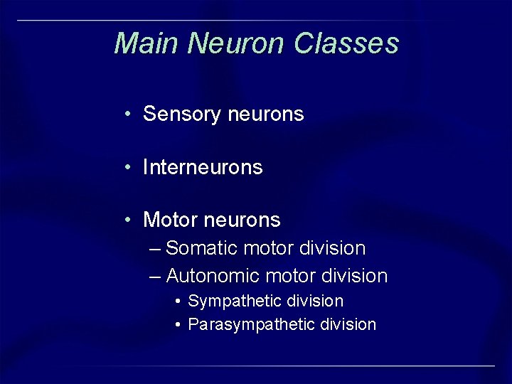 Main Neuron Classes • Sensory neurons • Interneurons • Motor neurons – Somatic motor Main Neuron Classes • Sensory neurons • Interneurons • Motor neurons – Somatic motor