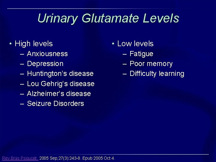 Urinary Glutamate Levels • High levels – – – • Low levels Anxiousness Depression Urinary Glutamate Levels • High levels – – – • Low levels Anxiousness Depression