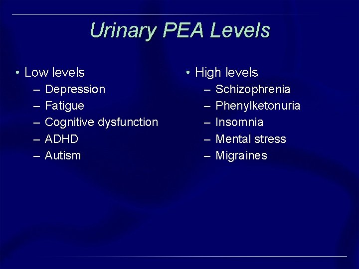 Urinary PEA Levels • Low levels – – – Depression Fatigue Cognitive dysfunction ADHD Urinary PEA Levels • Low levels – – – Depression Fatigue Cognitive dysfunction ADHD