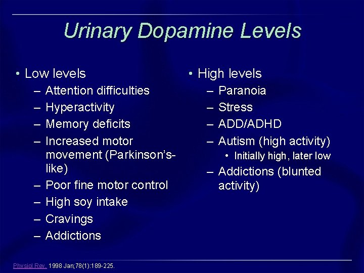 Urinary Dopamine Levels • Low levels – – – – Attention difficulties Hyperactivity Memory Urinary Dopamine Levels • Low levels – – – – Attention difficulties Hyperactivity Memory