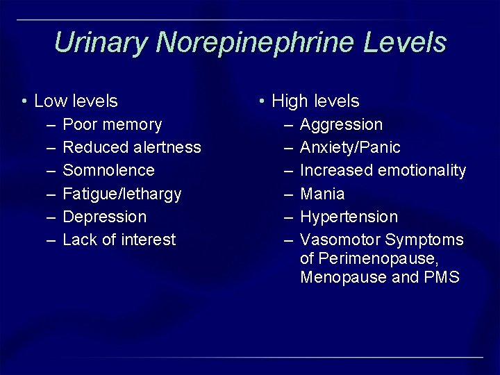 Urinary Norepinephrine Levels • Low levels – – – Poor memory Reduced alertness Somnolence Urinary Norepinephrine Levels • Low levels – – – Poor memory Reduced alertness Somnolence