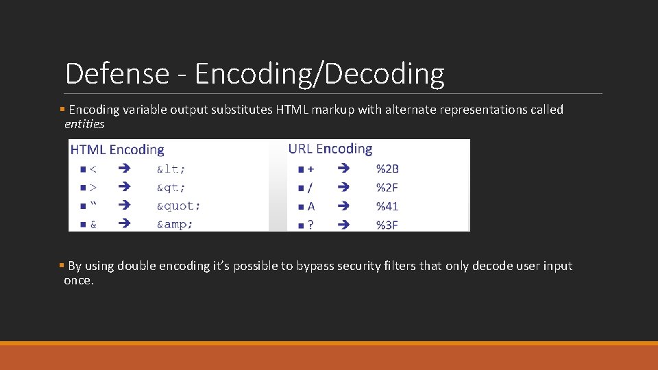 Defense - Encoding/Decoding § Encoding variable output substitutes HTML markup with alternate representations called