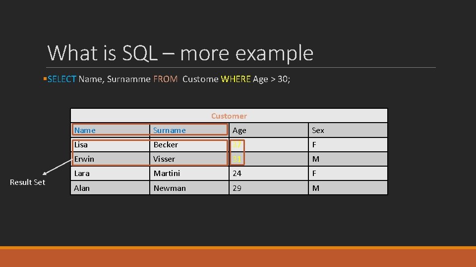 What is SQL – more example §SELECT Name, Surnamme FROM Custome WHERE Age >